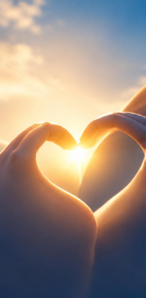 Hands forming a heart around warm sunlight