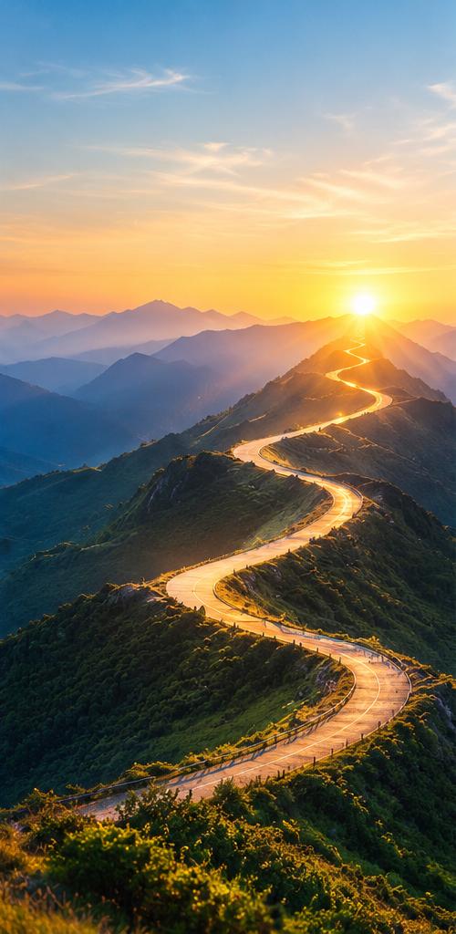 A winding mountain road leading towards sunrise