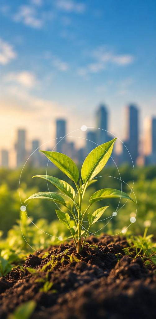 A young plant growing in front of a city skyline