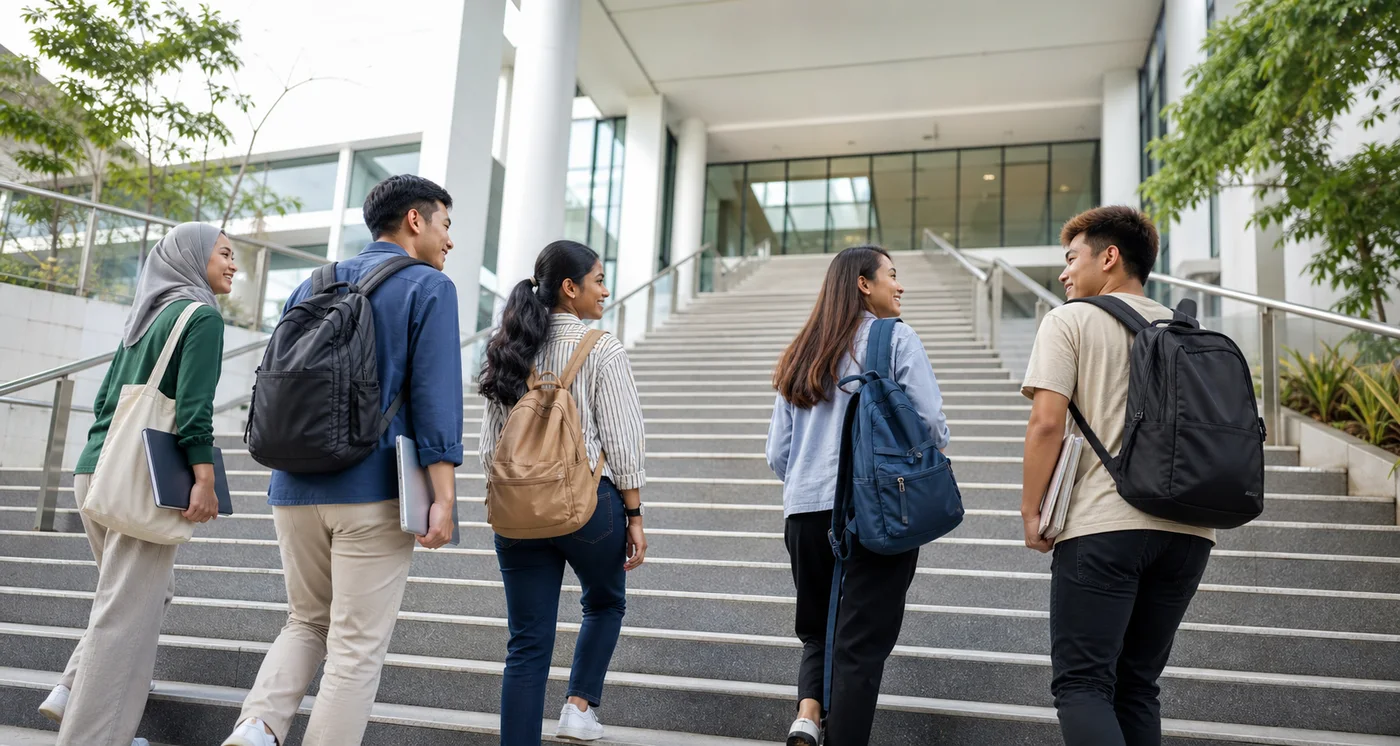 Multiracial Malaysian university students climbing campus steps together