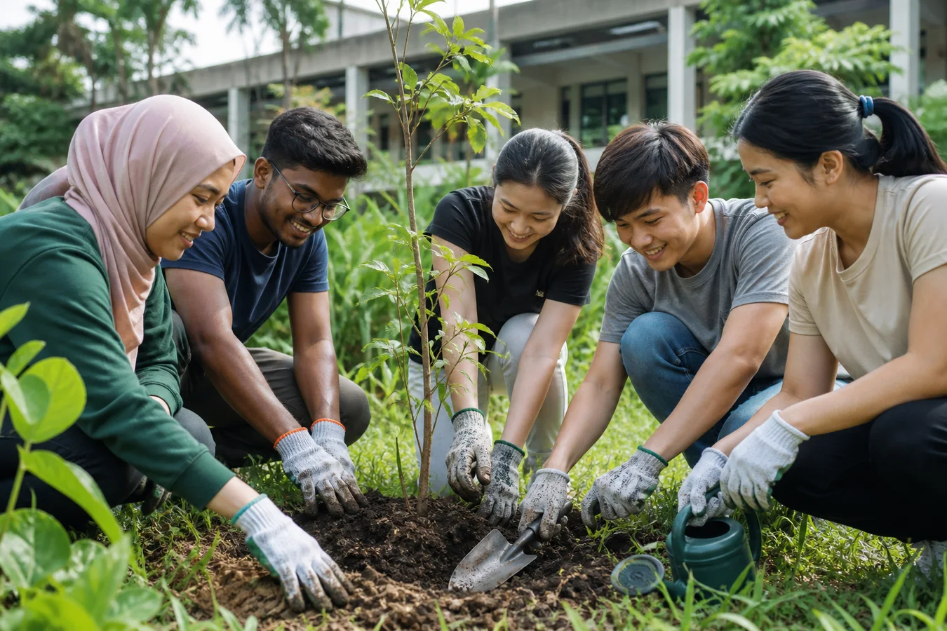 Multiracial Malaysian university students planting a tree together