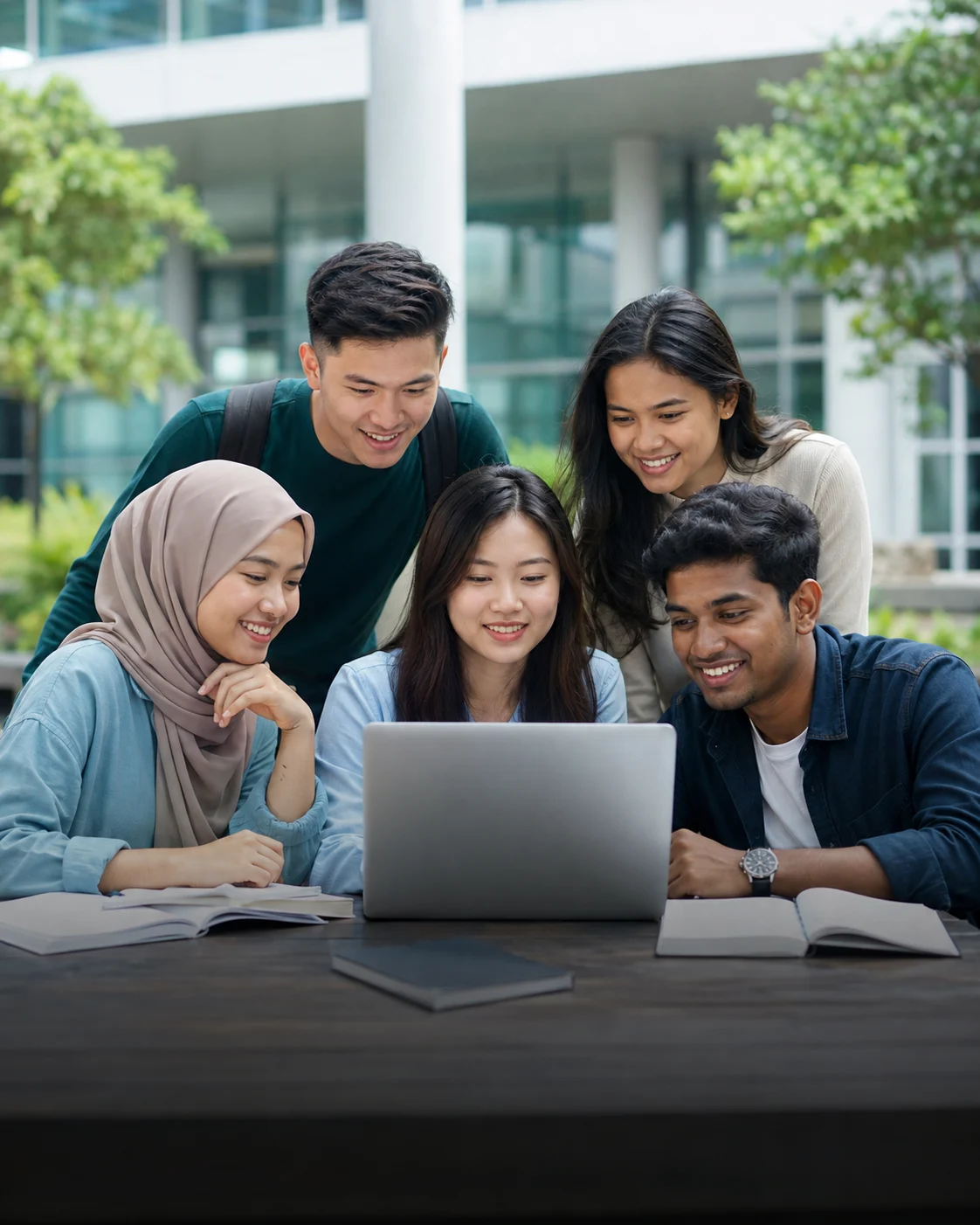 A diverse group of Malaysian students collaborating on campus
